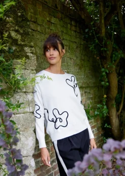 Tops>Blue Vanilla White Floral Pattern Sweater