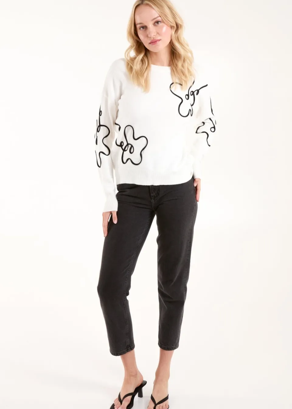 Tops>Blue Vanilla White Floral Pattern Sweater