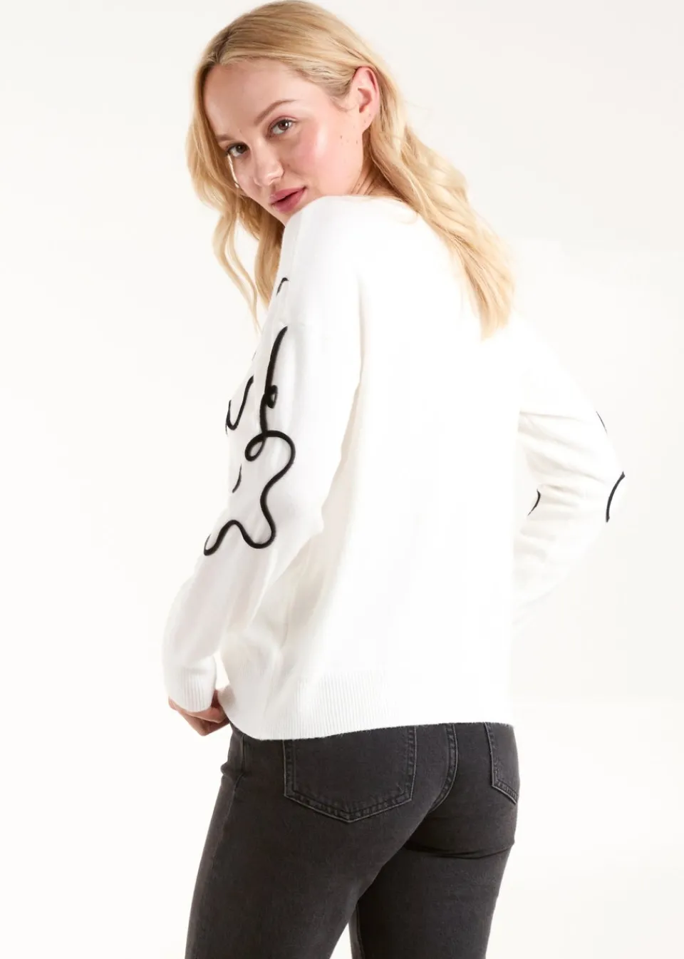 Tops>Blue Vanilla White Floral Pattern Sweater