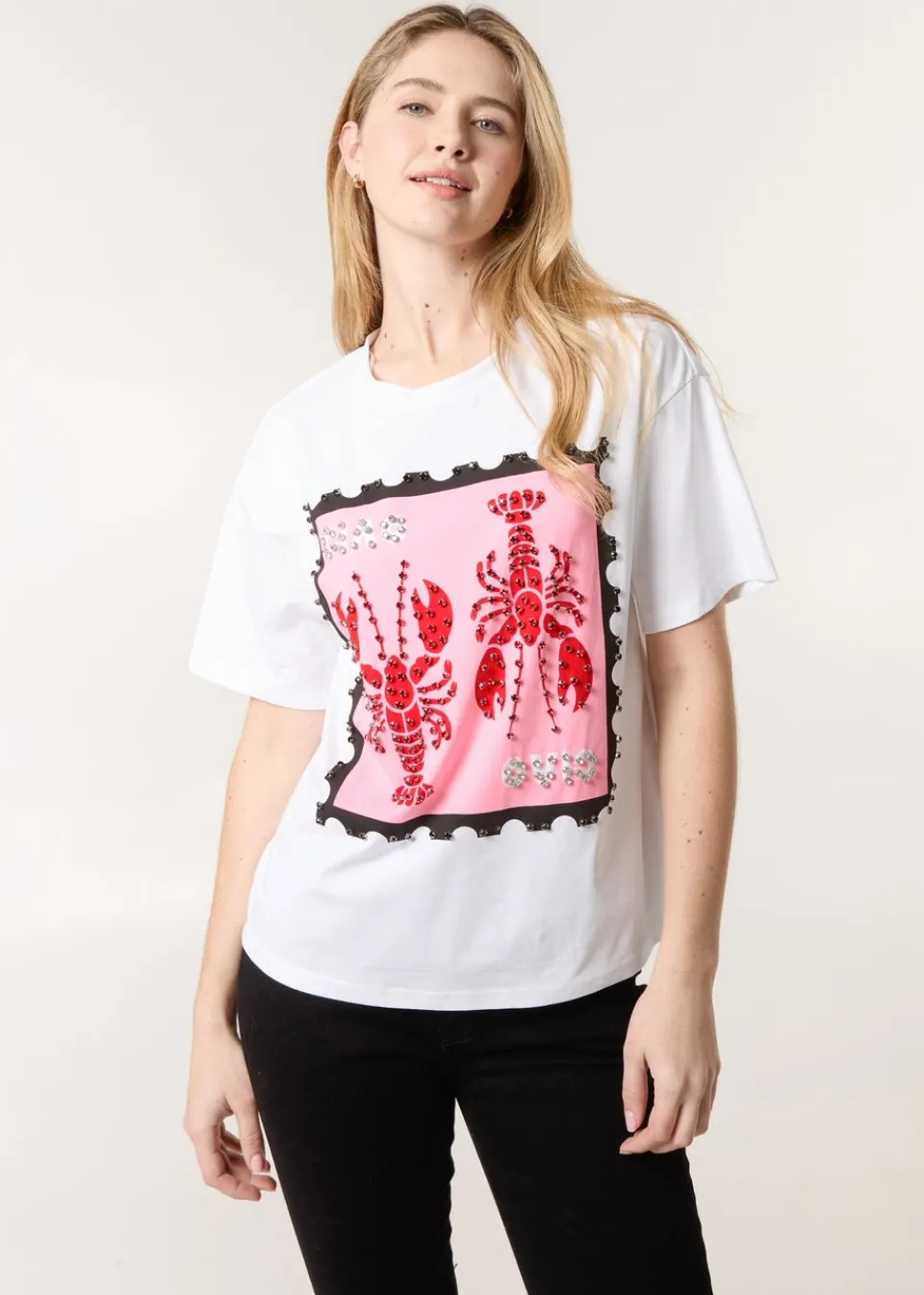T-Shirts>Blue Vanilla White Lobster Print T-Shirt