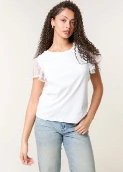 T-Shirts>Blue Vanilla White Polka Dot Mesh Sleeve T-shirt