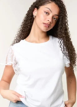 T-Shirts>Blue Vanilla White Polka Dot Mesh Sleeve T-shirt