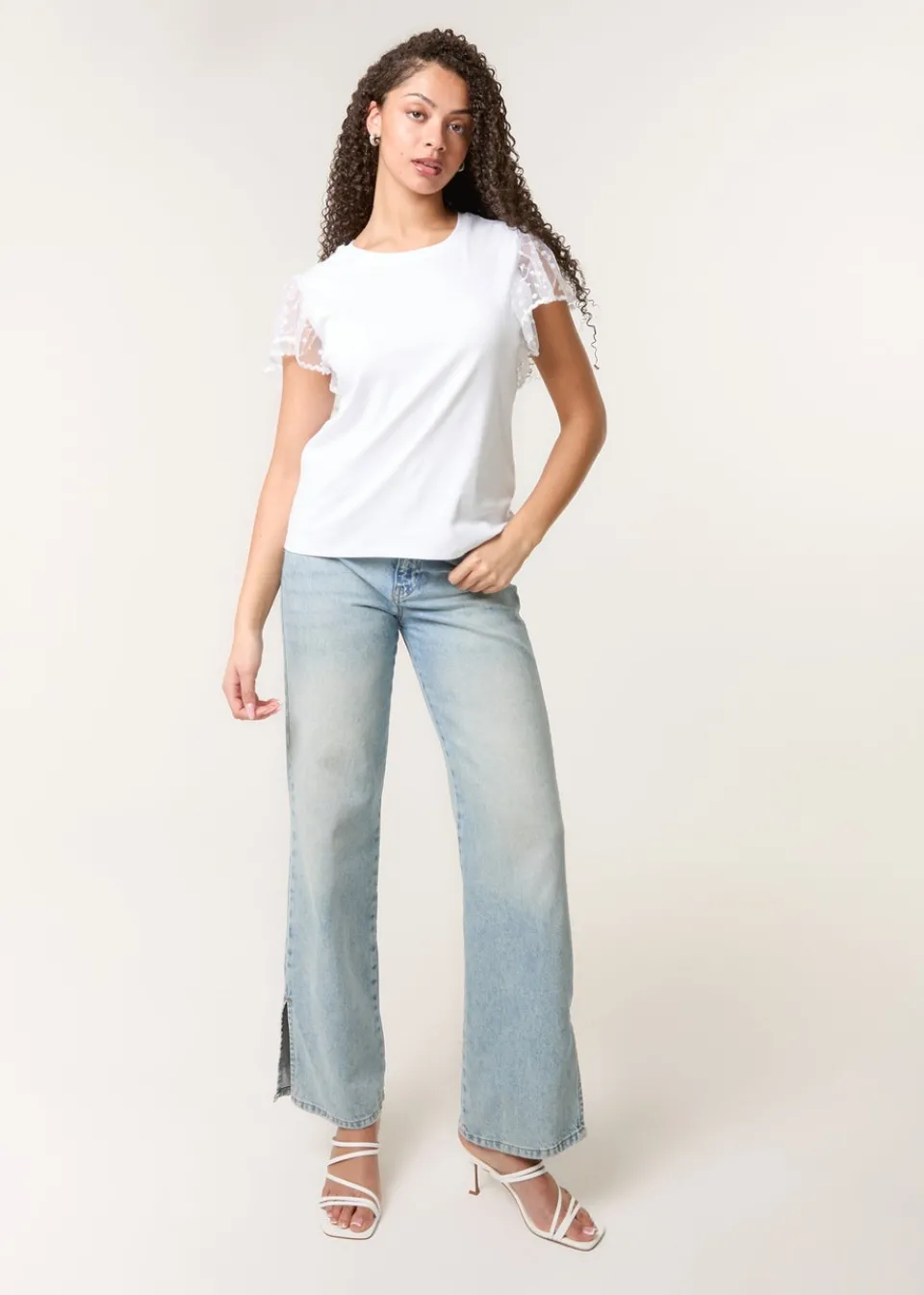 T-Shirts>Blue Vanilla White Polka Dot Mesh Sleeve T-shirt