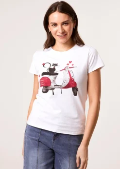 T-Shirts>Blue Vanilla White Printed Cat T-Shirt