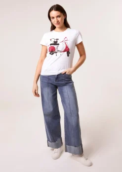 T-Shirts>Blue Vanilla White Printed Cat T-Shirt