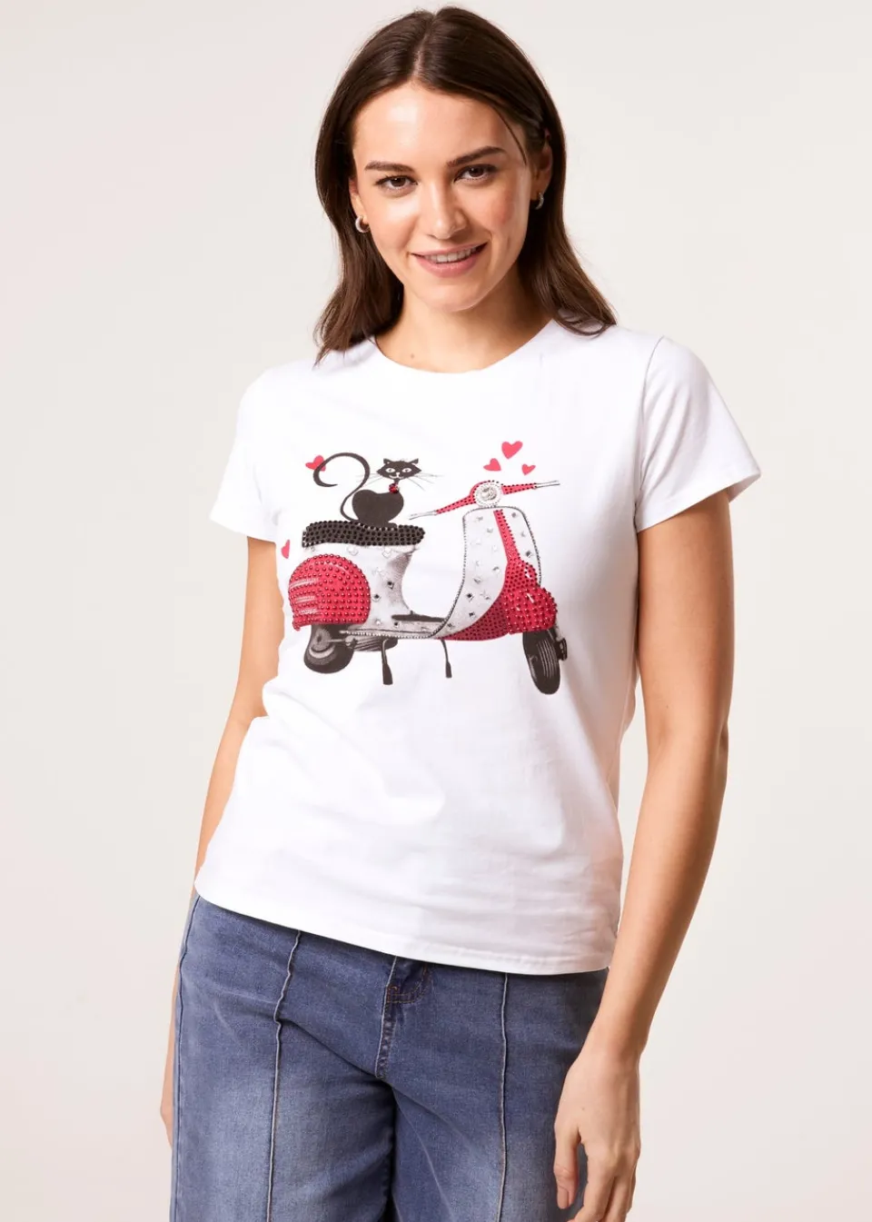 T-Shirts>Blue Vanilla White Printed Cat T-Shirt