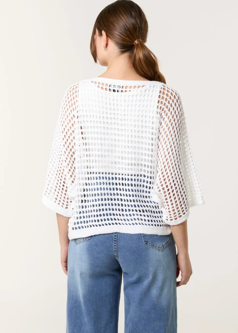 Tops>Blue Vanilla White Round Neck Net Top