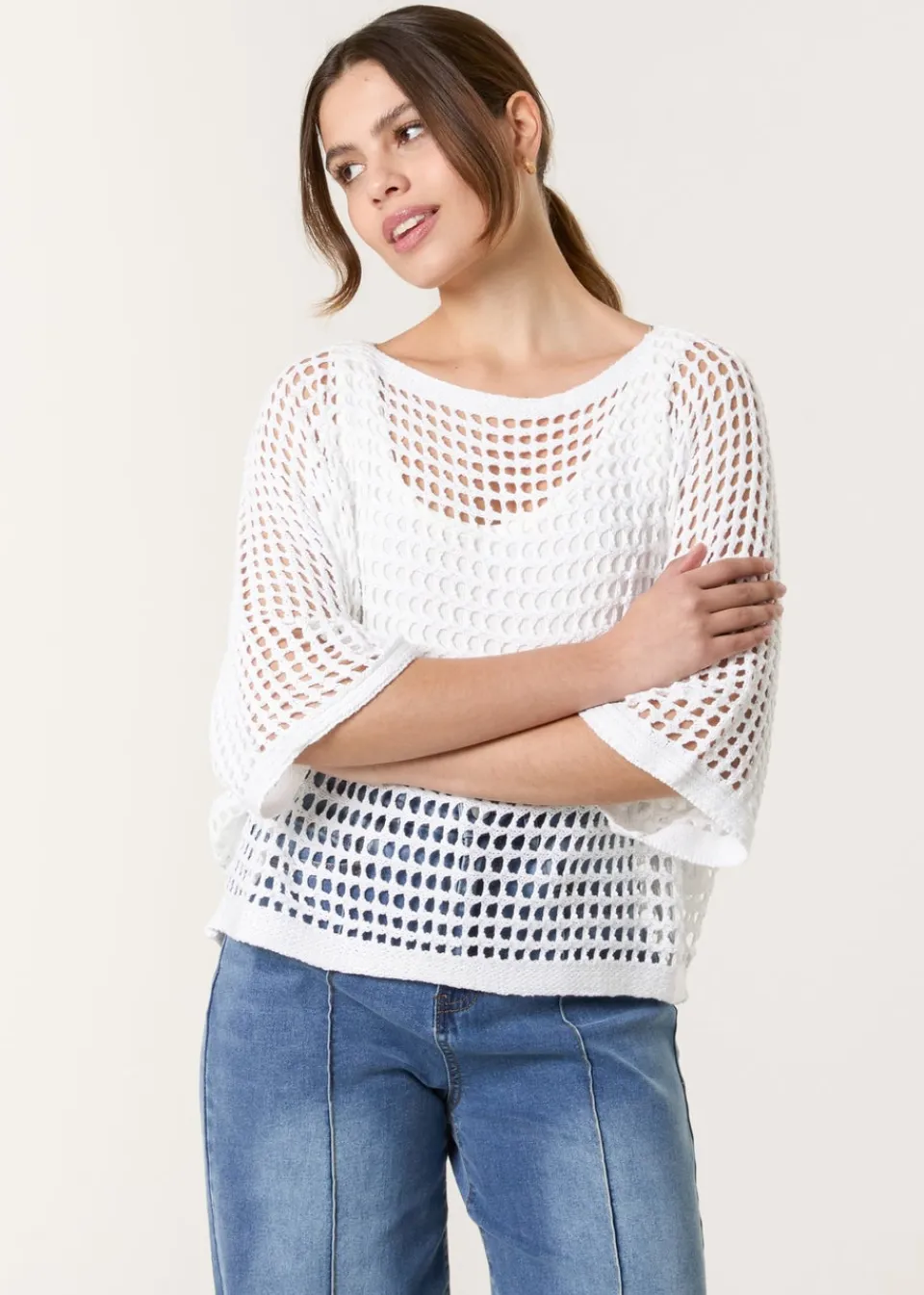 Tops>Blue Vanilla White Round Neck Net Top