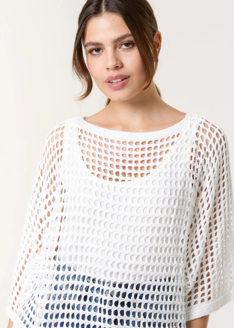 Tops>Blue Vanilla White Round Neck Net Top