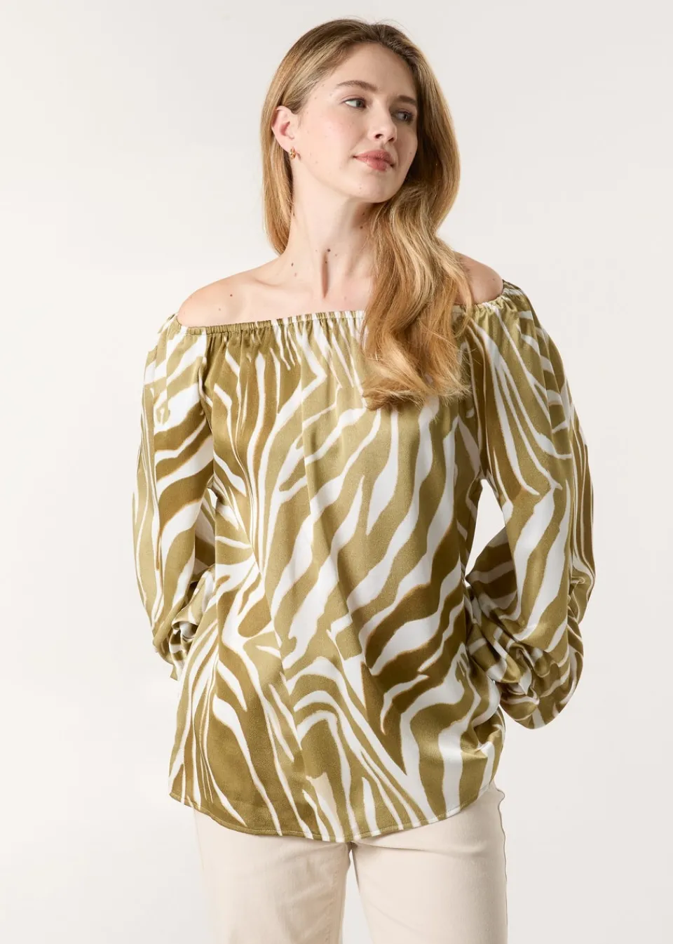Tops>Blue Vanilla White Zebra Satin Ruched Bardot Top