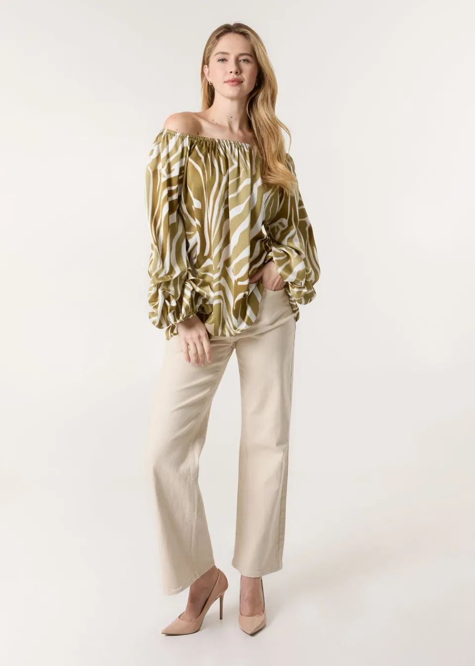 Tops>Blue Vanilla White Zebra Satin Ruched Bardot Top