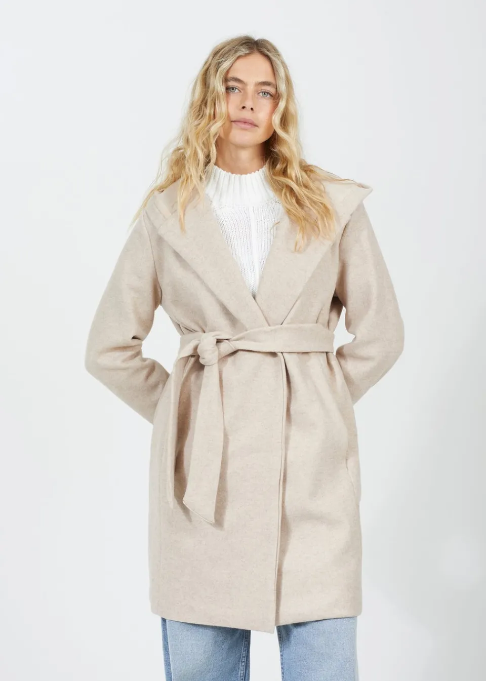 Coats & Jackets>Brave Soul Beige Longline Hooded Coat with Belt
