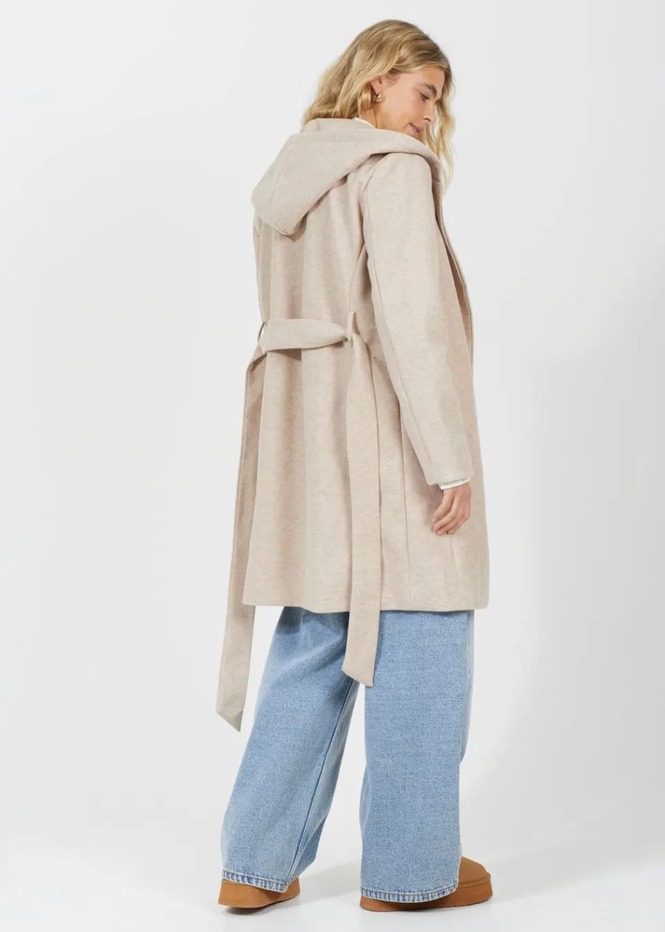 Coats & Jackets>Brave Soul Beige Longline Hooded Coat with Belt