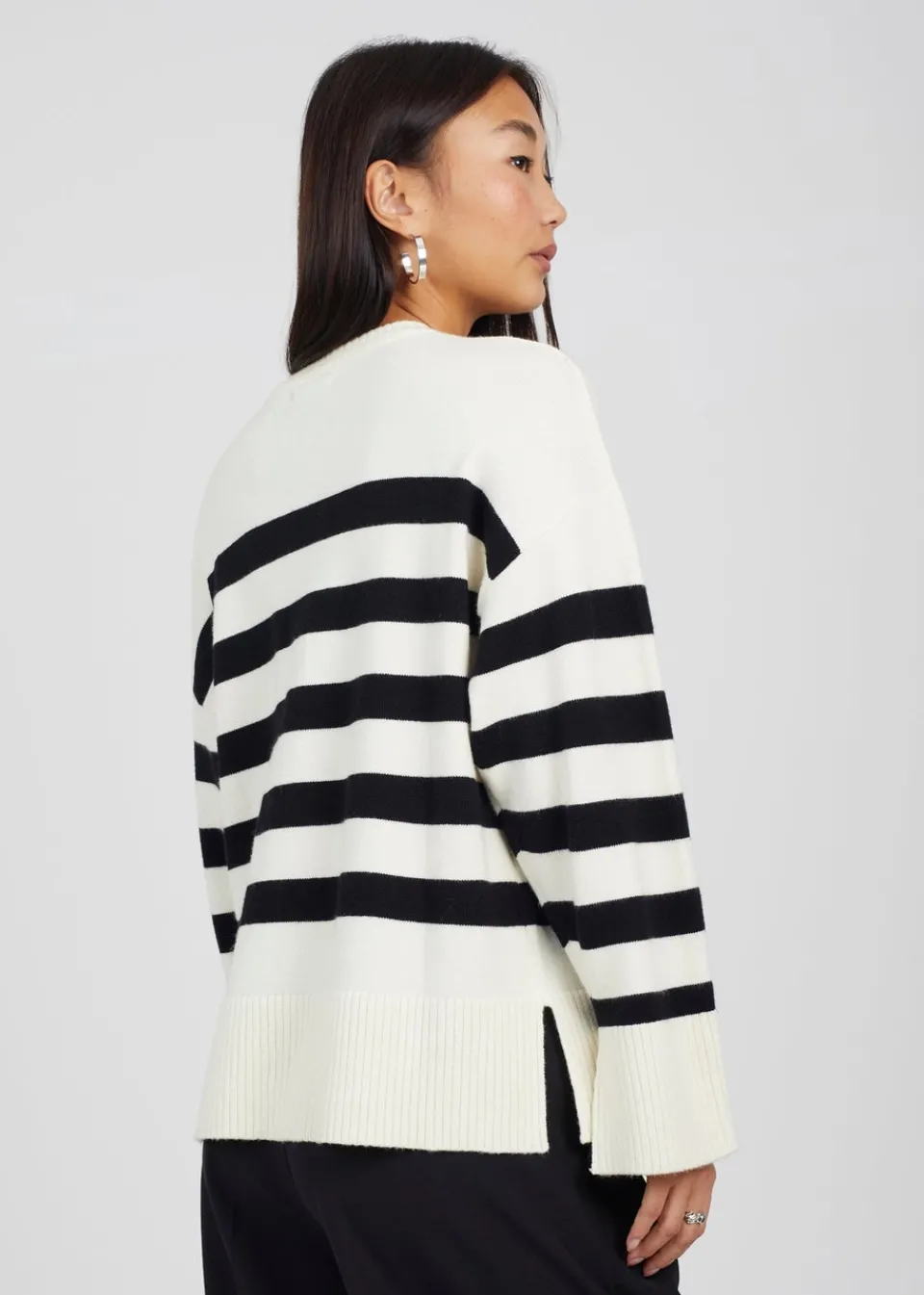 Knitwear>Brave Soul Black & Ivory Striped Loose Fit Jumper with Wide Sleeves