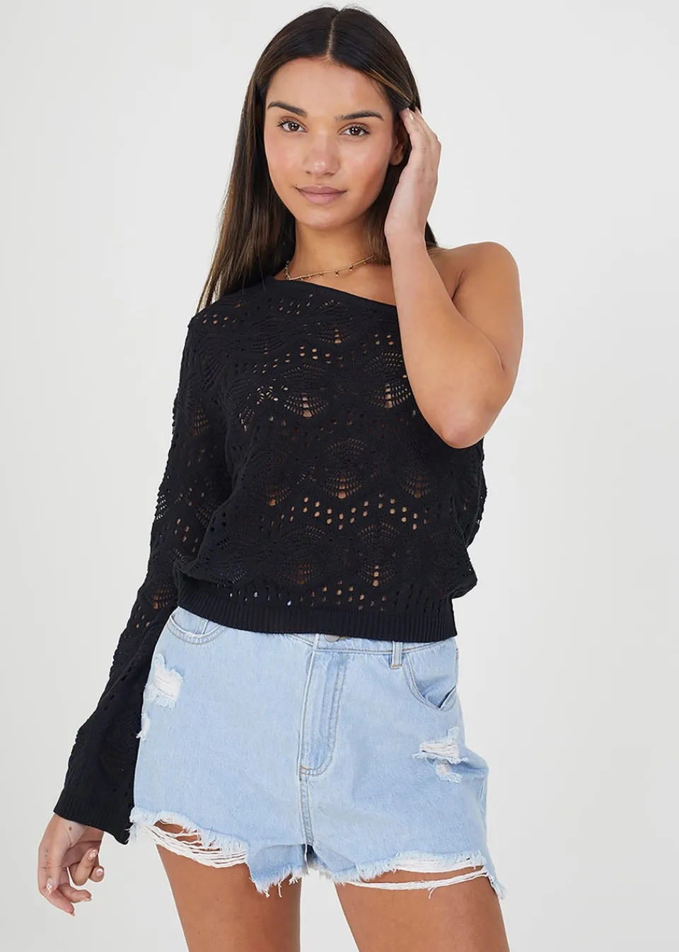 Tops>Brave Soul Asymmetric Off the Shoulder Jumper Black
