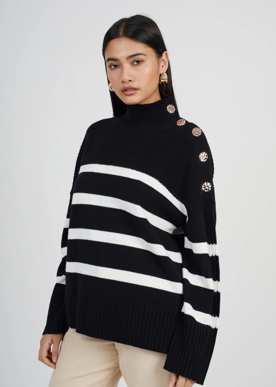 Knitwear>Brave Soul Button Detail Striped Turtleneck Jumper Black