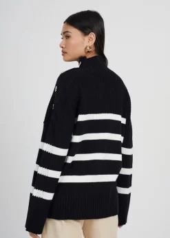 Knitwear>Brave Soul Button Detail Striped Turtleneck Jumper Black