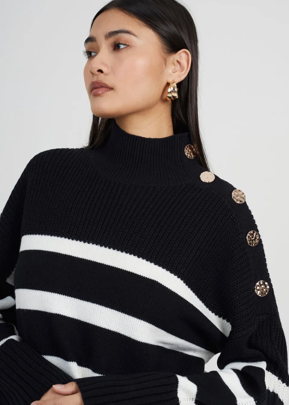 Knitwear>Brave Soul Button Detail Striped Turtleneck Jumper Black