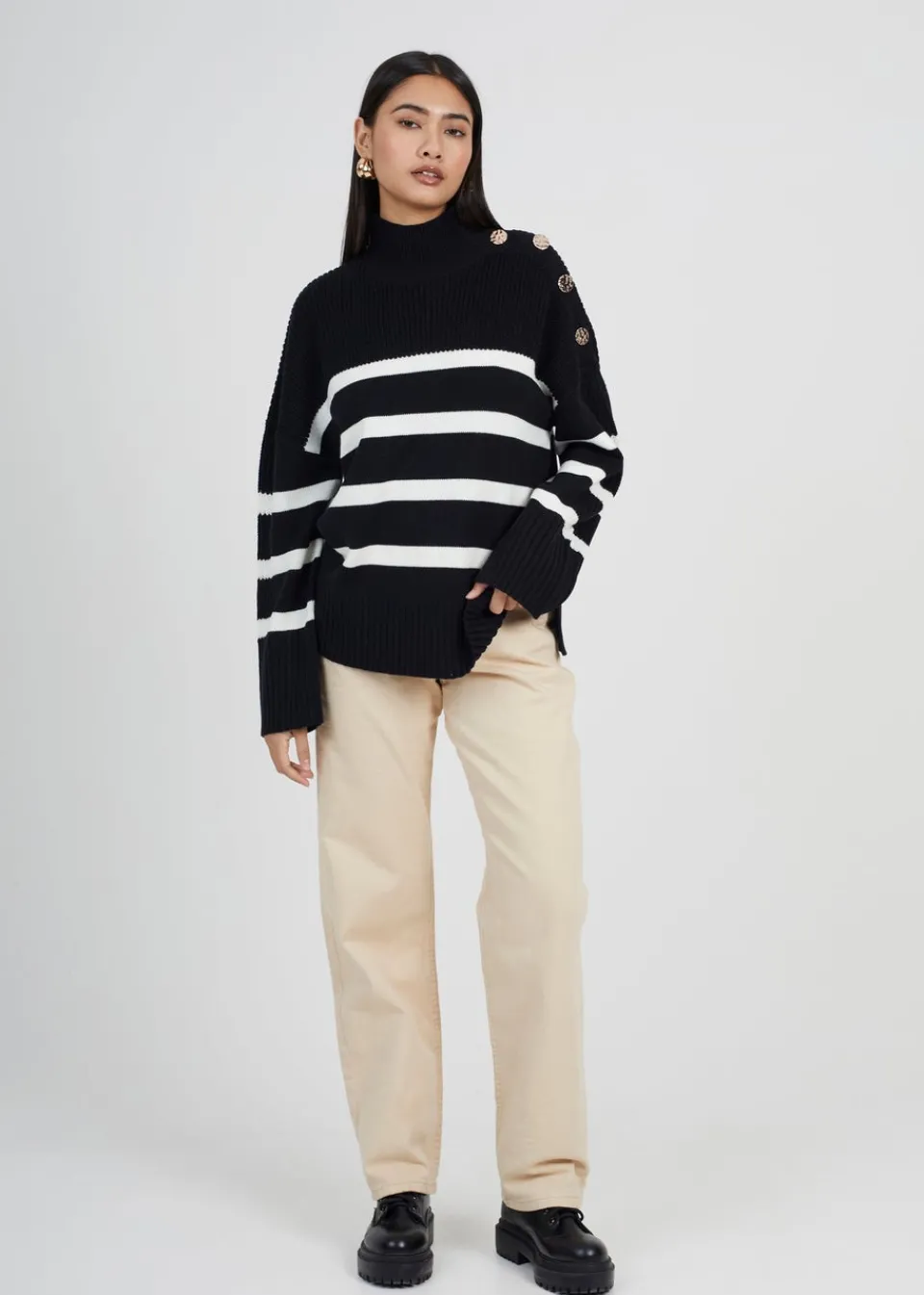 Knitwear>Brave Soul Button Detail Striped Turtleneck Jumper Black