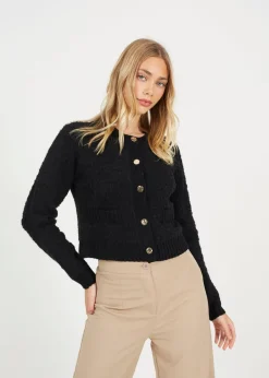 Tops>Brave Soul Black Button Through Boucle Cardigan