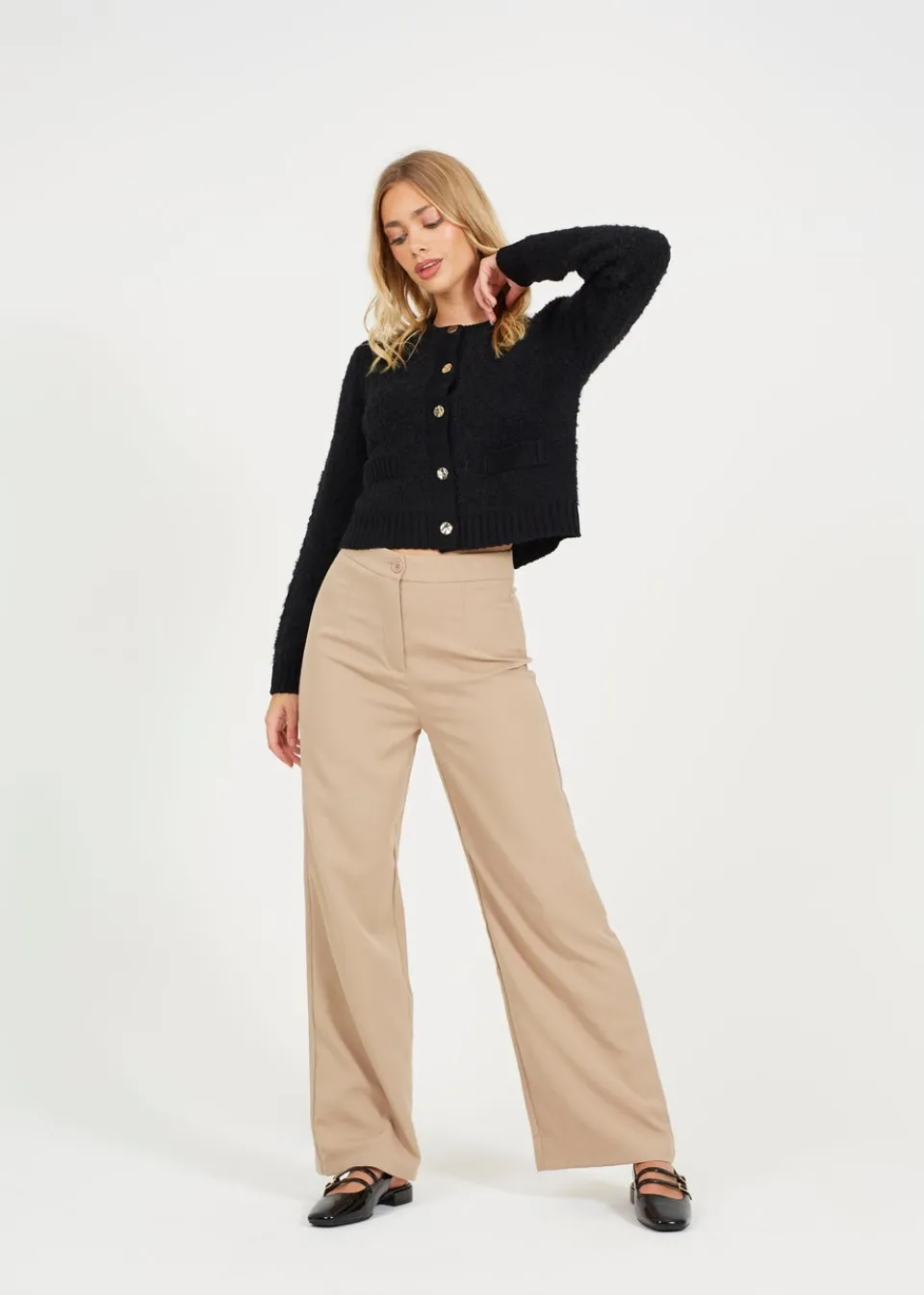 Tops>Brave Soul Black Button Through Boucle Cardigan