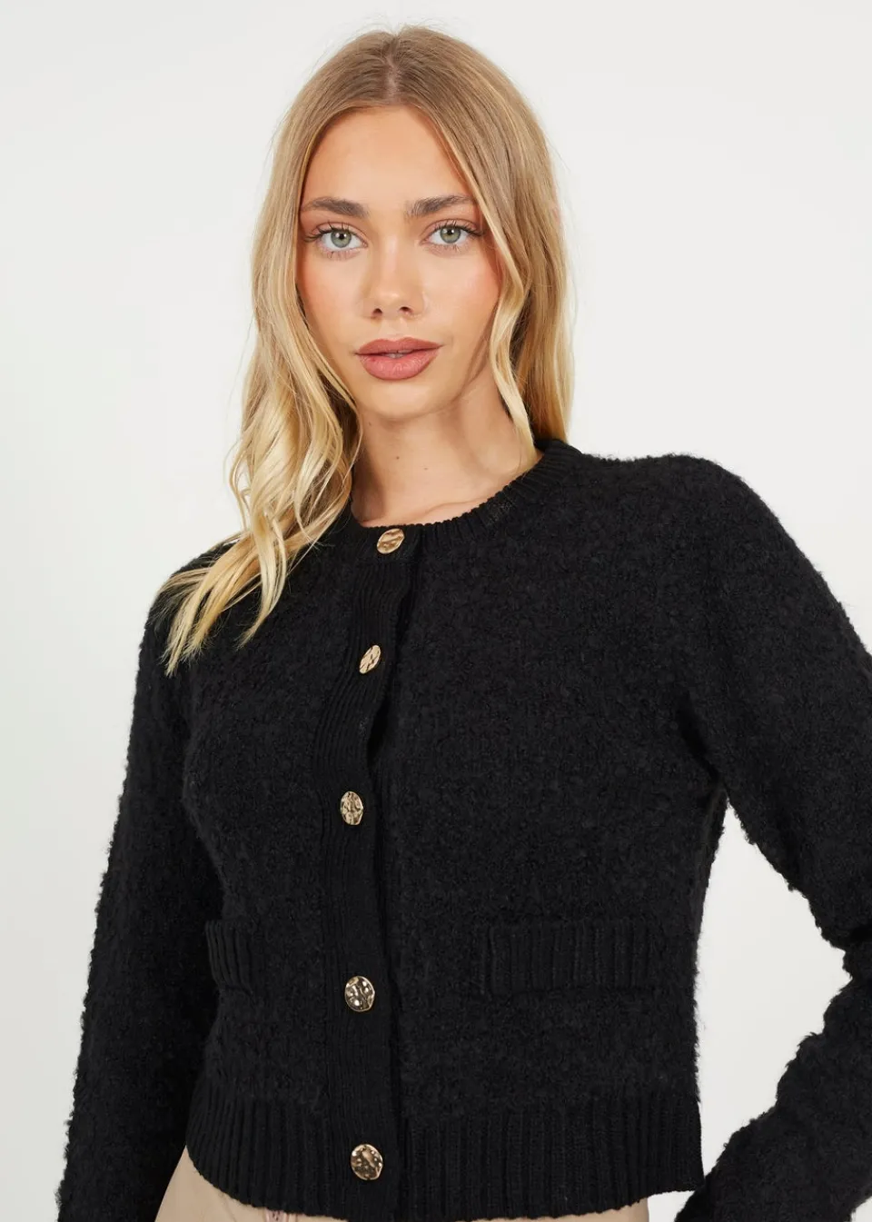 Tops>Brave Soul Black Button Through Boucle Cardigan