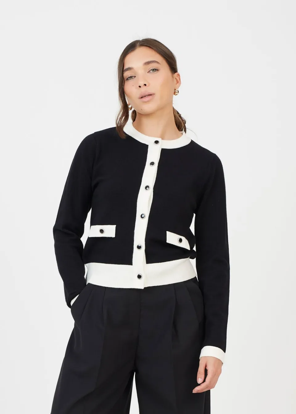 Tops>Brave Soul Black Classic Round Neck Cardigan