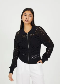 Tops>Brave Soul Black Crochet Knit Zip Through Cardigan