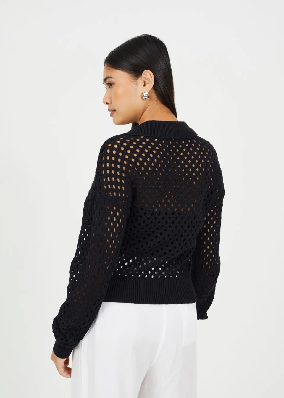 Tops>Brave Soul Black Crochet Knit Zip Through Cardigan