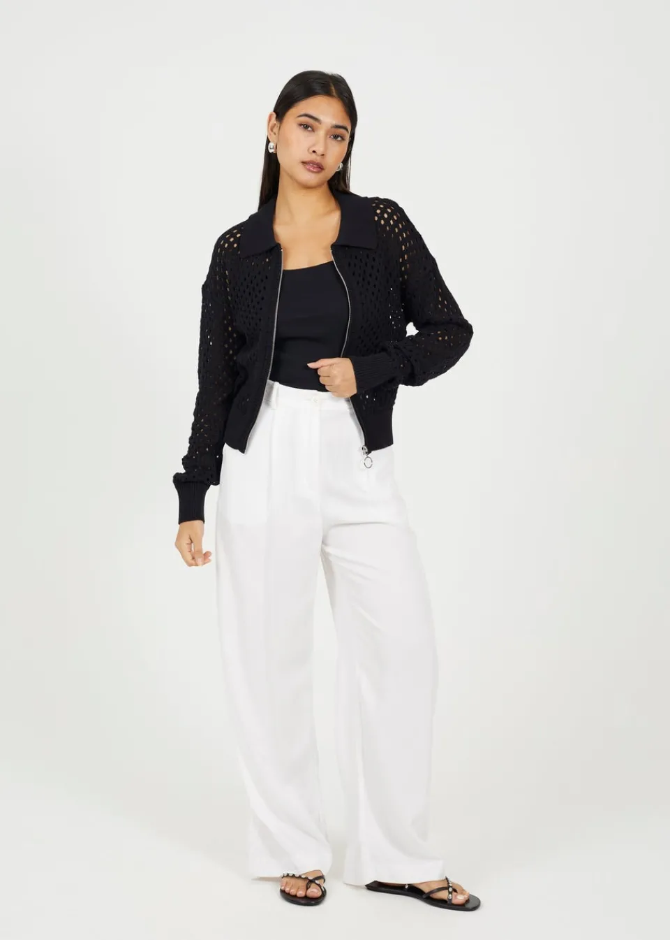Tops>Brave Soul Black Crochet Knit Zip Through Cardigan