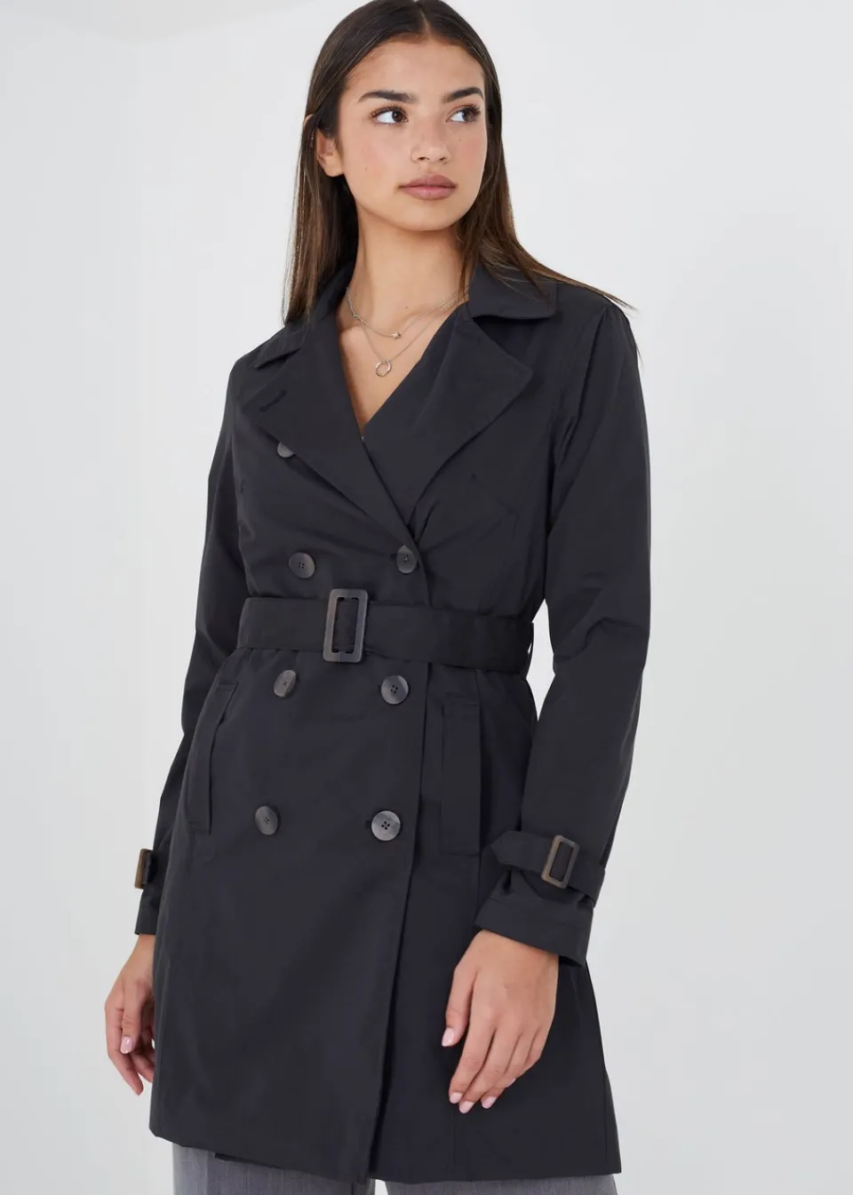 Coats & Jackets>Brave Soul Double Breasted Short Trench Coat Black