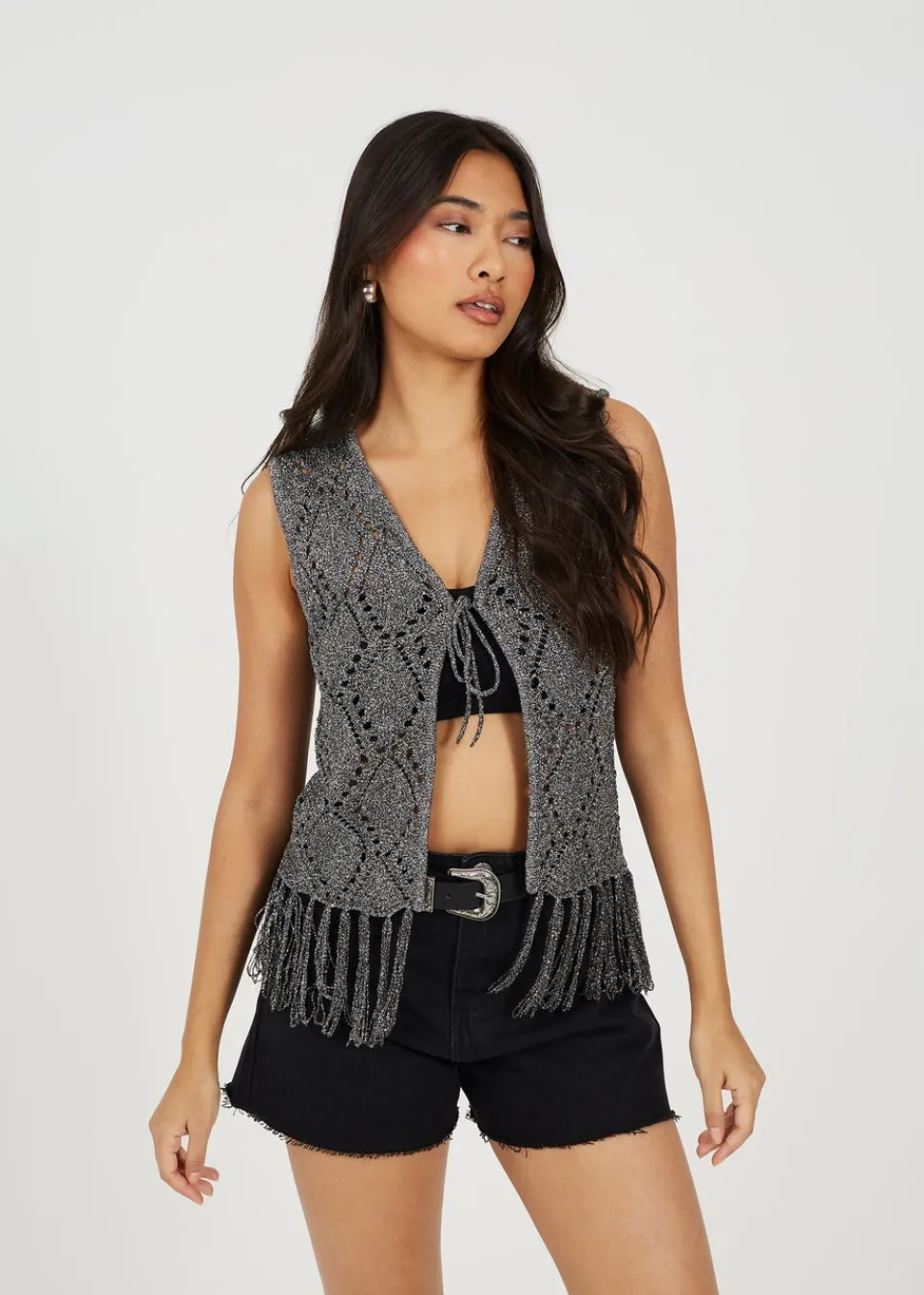 Tops>Brave Soul Black Metallic Tie Front Waistcoat