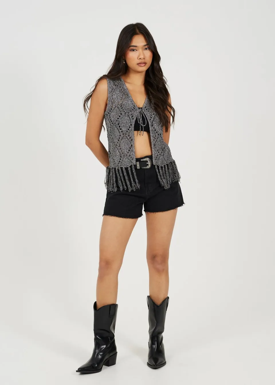 Tops>Brave Soul Black Metallic Tie Front Waistcoat