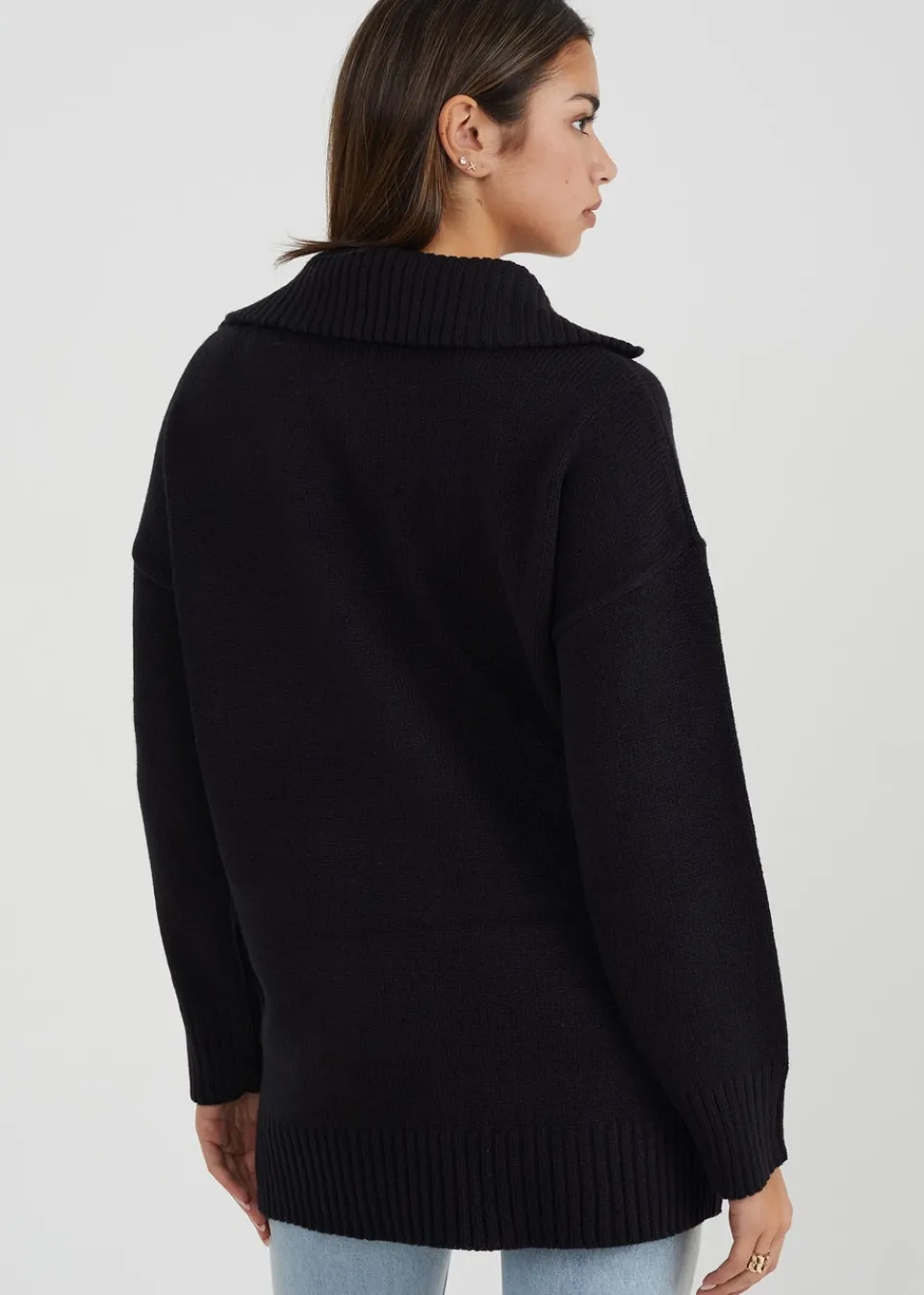Tops>Brave Soul Black Oversized Zip Collar Knitted Jumper