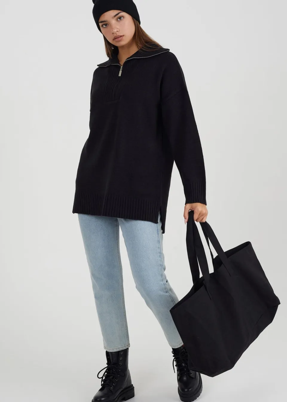 Tops>Brave Soul Black Oversized Zip Collar Knitted Jumper