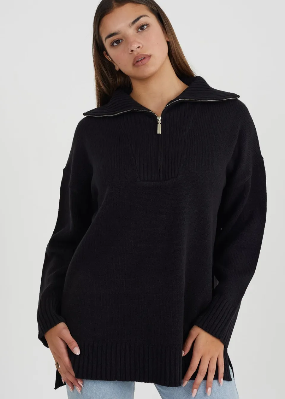 Tops>Brave Soul Black Oversized Zip Collar Knitted Jumper