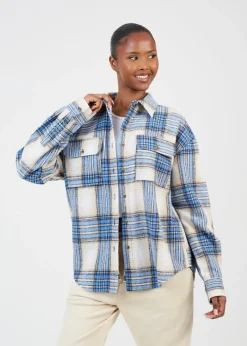Tops>Brave Soul Blue Check Print Long Sleeve Fleece Shirt