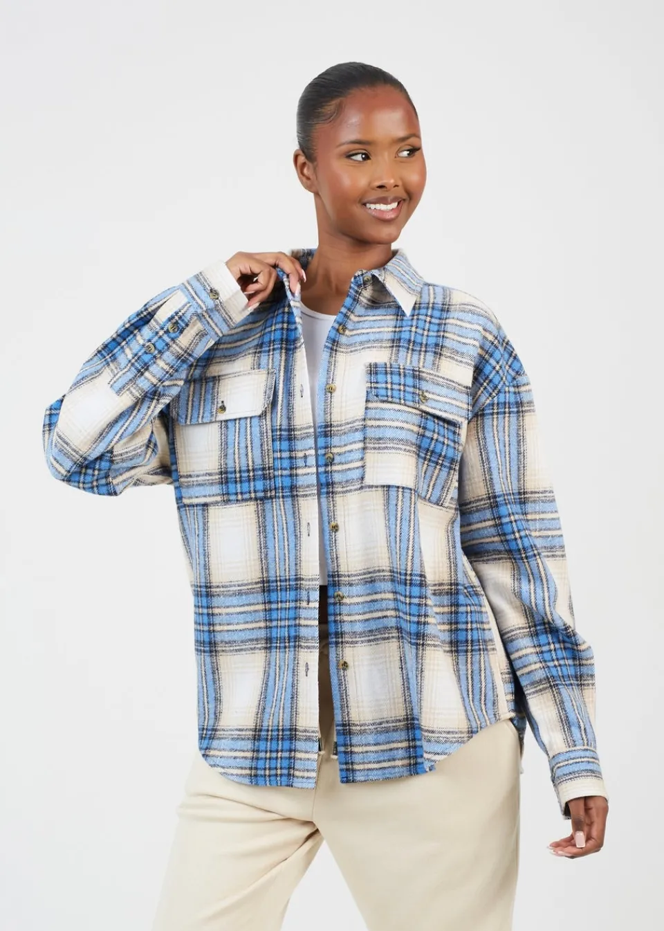 Tops>Brave Soul Blue Check Print Long Sleeve Fleece Shirt