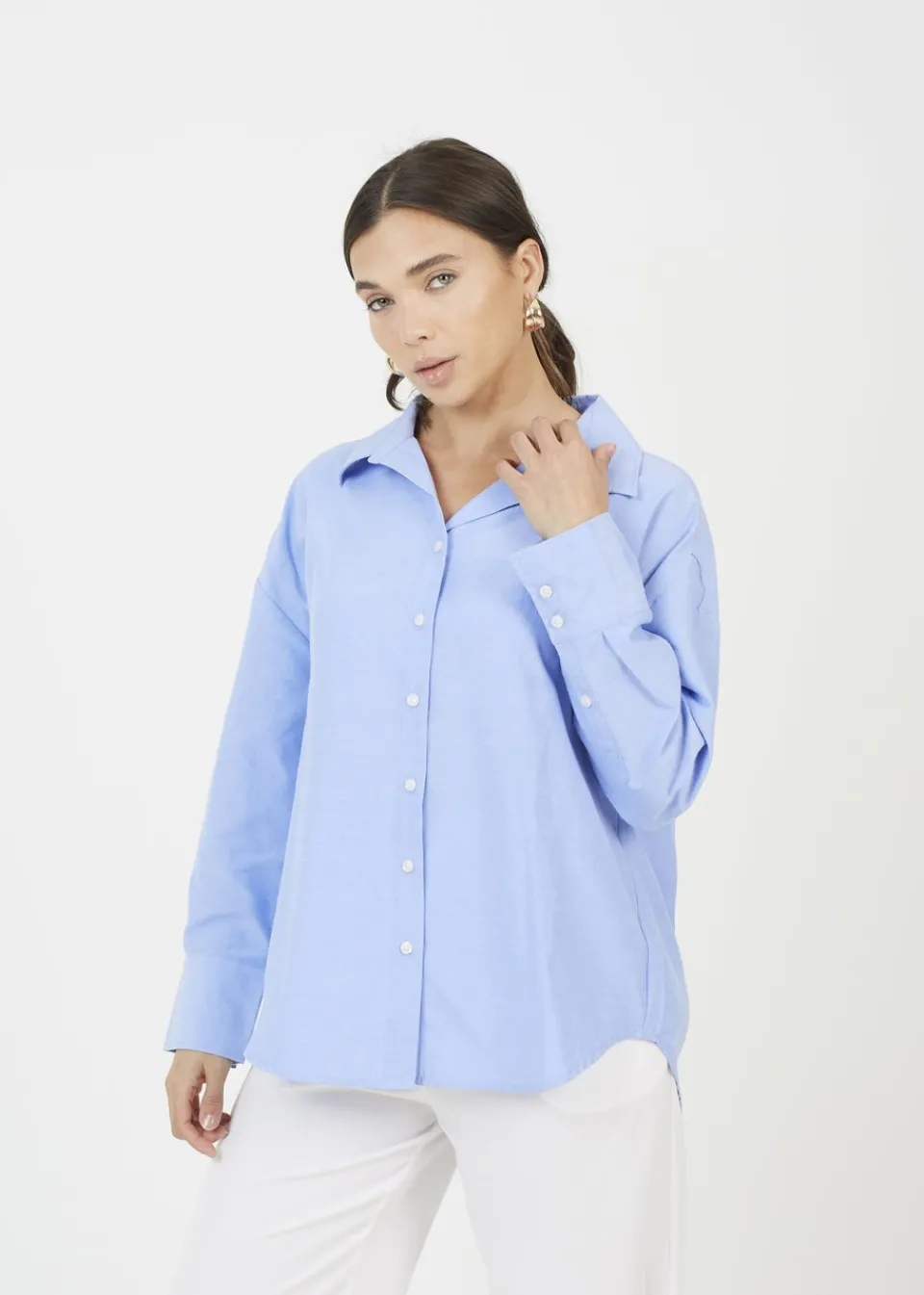 Tops>Brave Soul Blue Cotton Blend Relaxed Long Sleeve Shirt