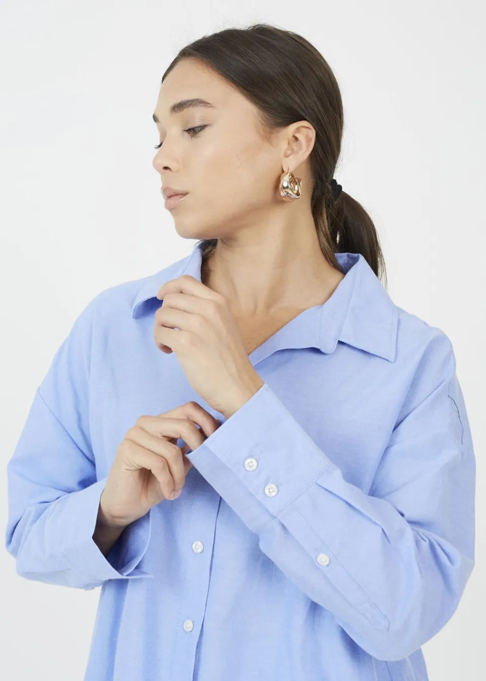 Tops>Brave Soul Blue Cotton Blend Relaxed Long Sleeve Shirt