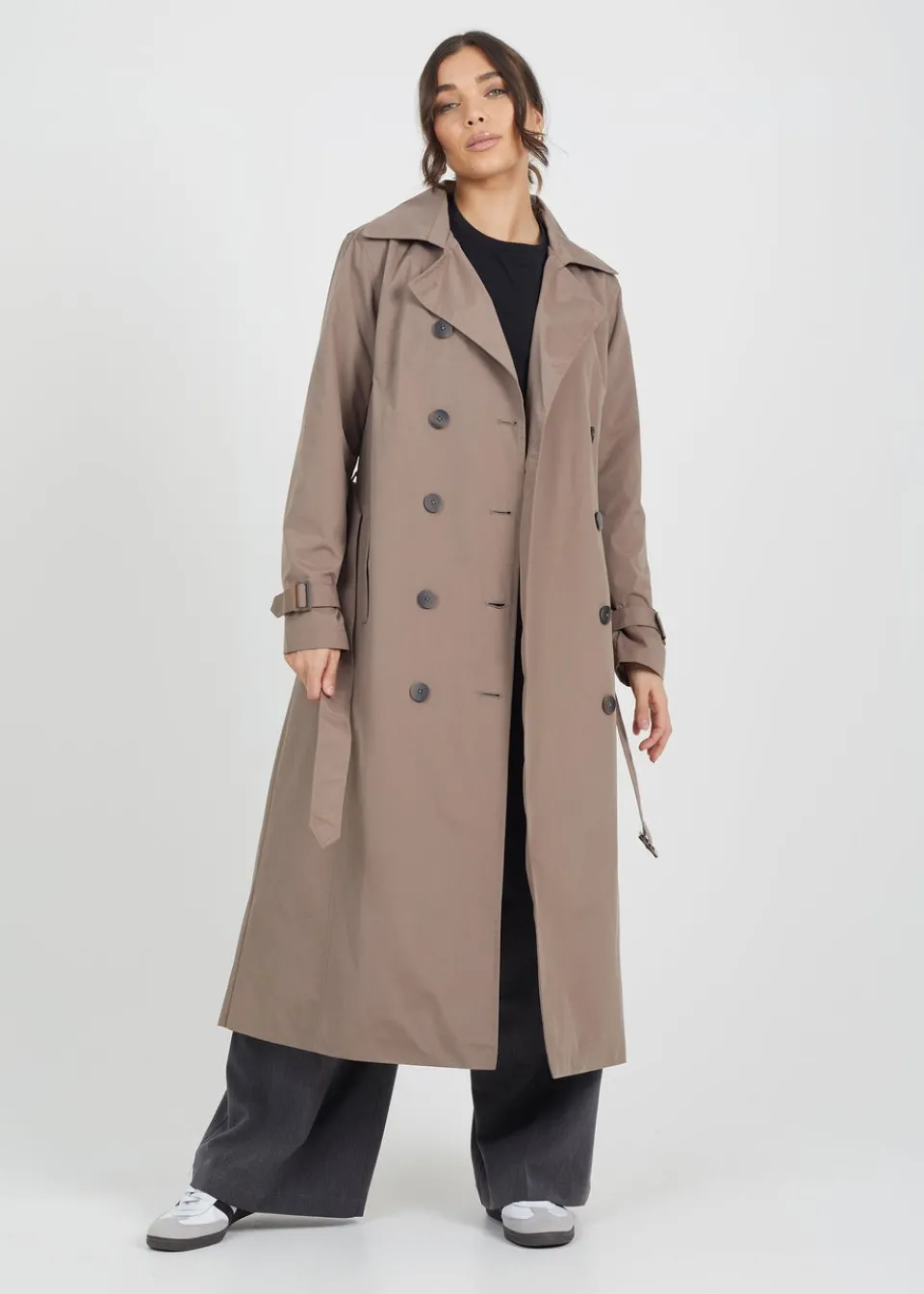 Coats & Jackets>Brave Soul Double-Breasted Longline Trench Coat Brown