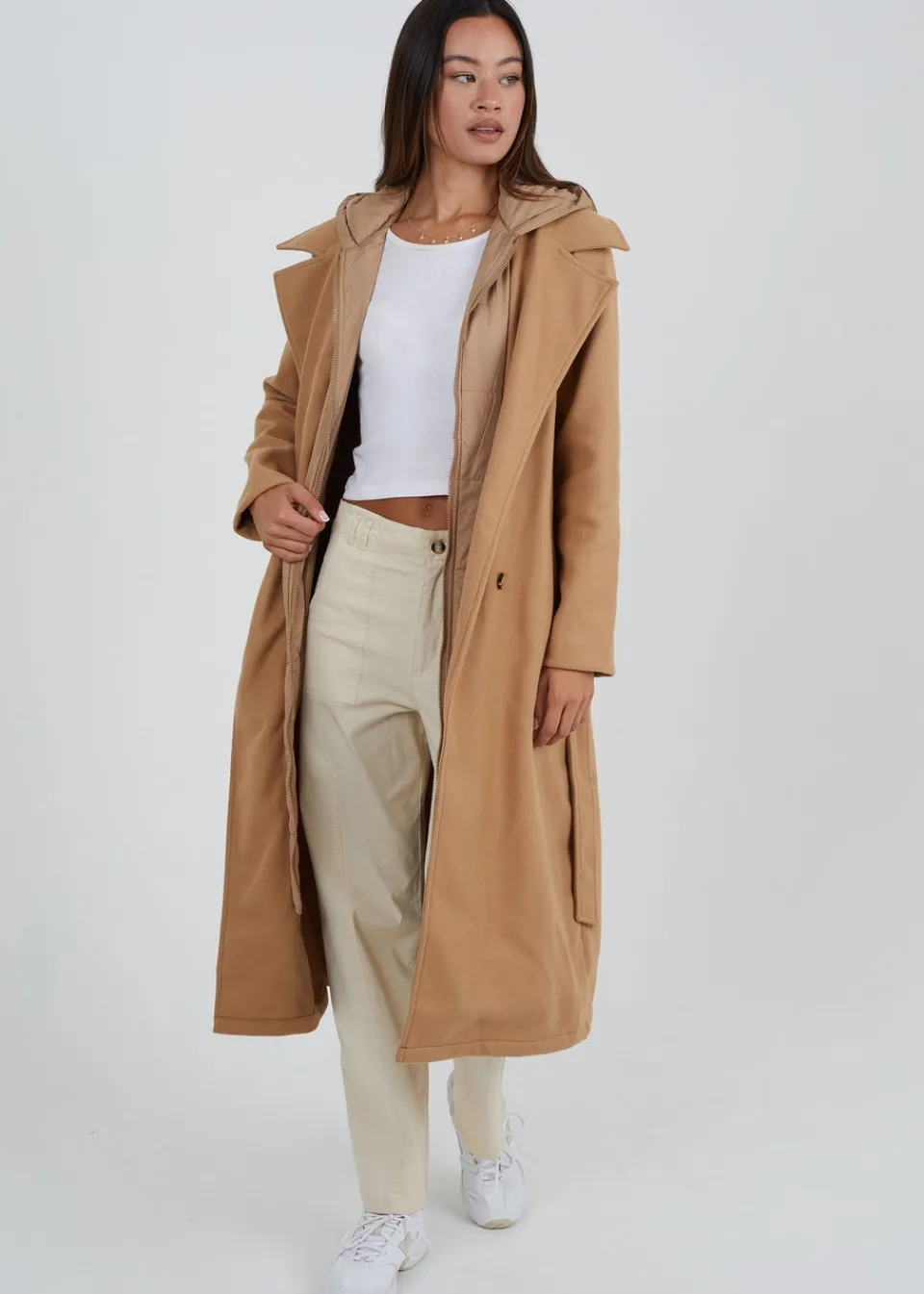 Coats & Jackets>Brave Soul Camel Faux Wool Maxi Hooded Trench Coat
