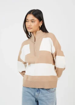 Tops>Brave Soul Camel Striped Half Zip Knitted Jumper