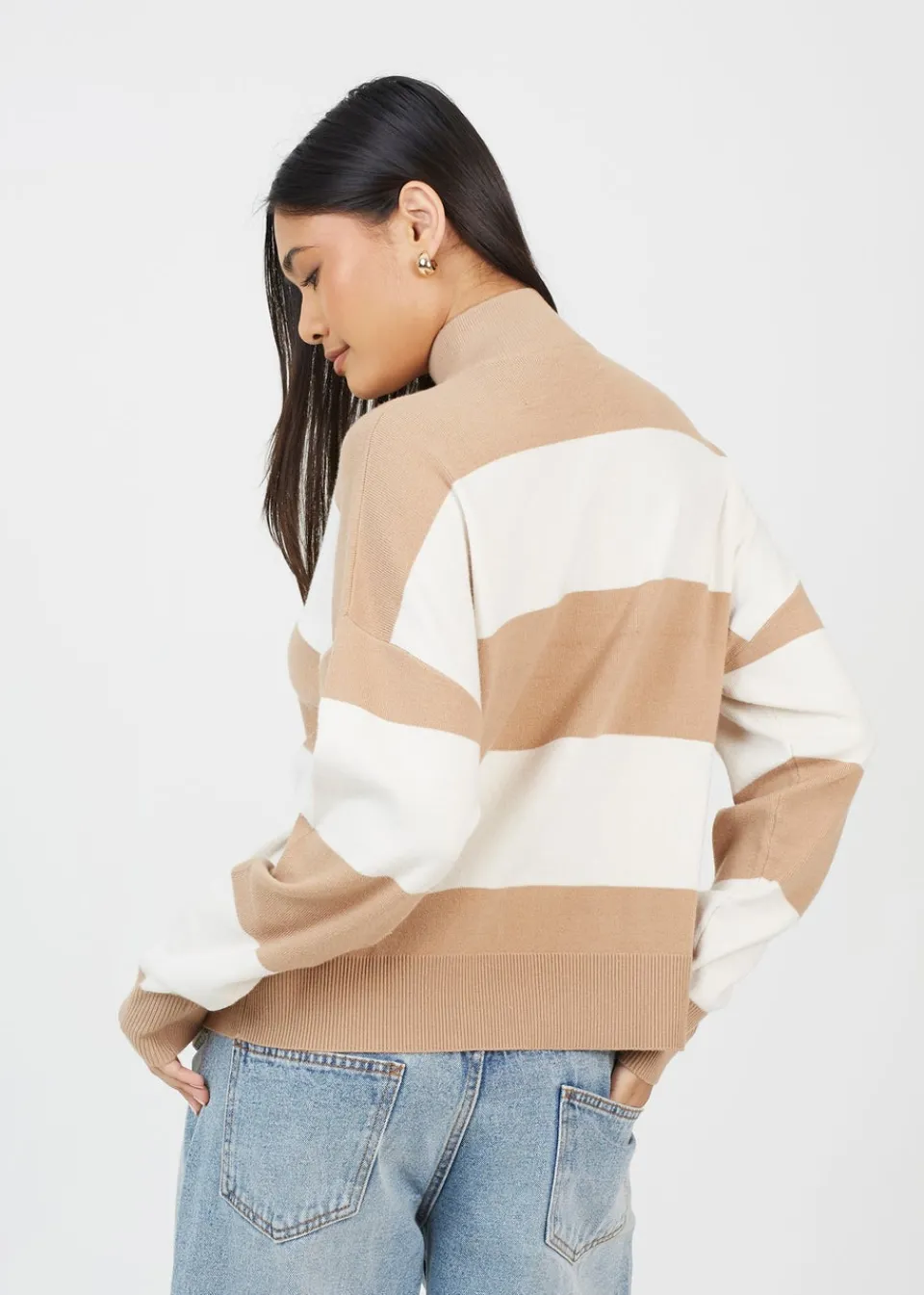 Tops>Brave Soul Camel Striped Half Zip Knitted Jumper