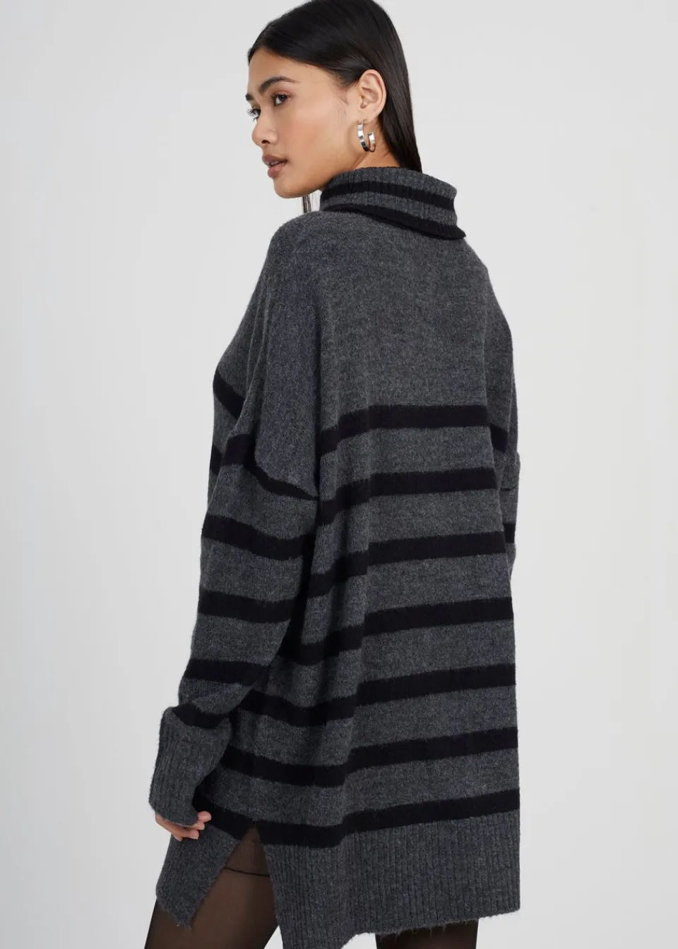 Tops>Brave Soul Charcoal Oversized Striped Roll Neck Jumper
