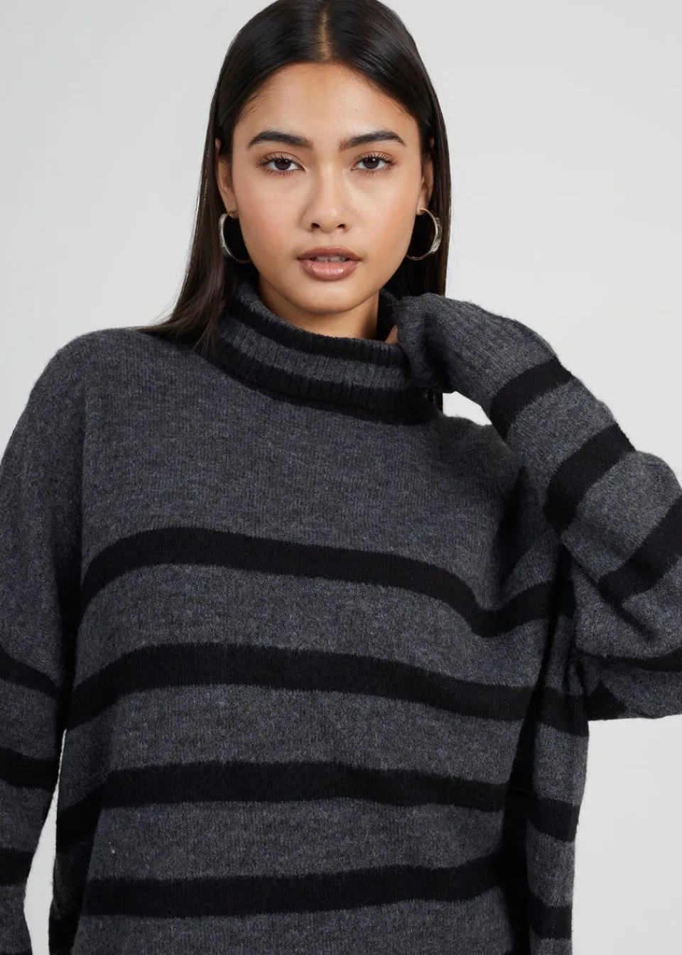 Tops>Brave Soul Charcoal Oversized Striped Roll Neck Jumper