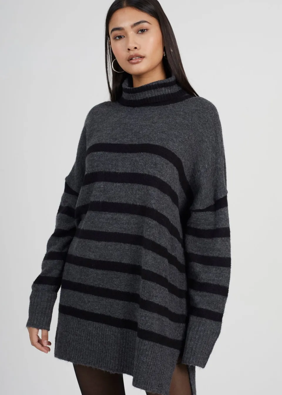 Tops>Brave Soul Charcoal Oversized Striped Roll Neck Jumper