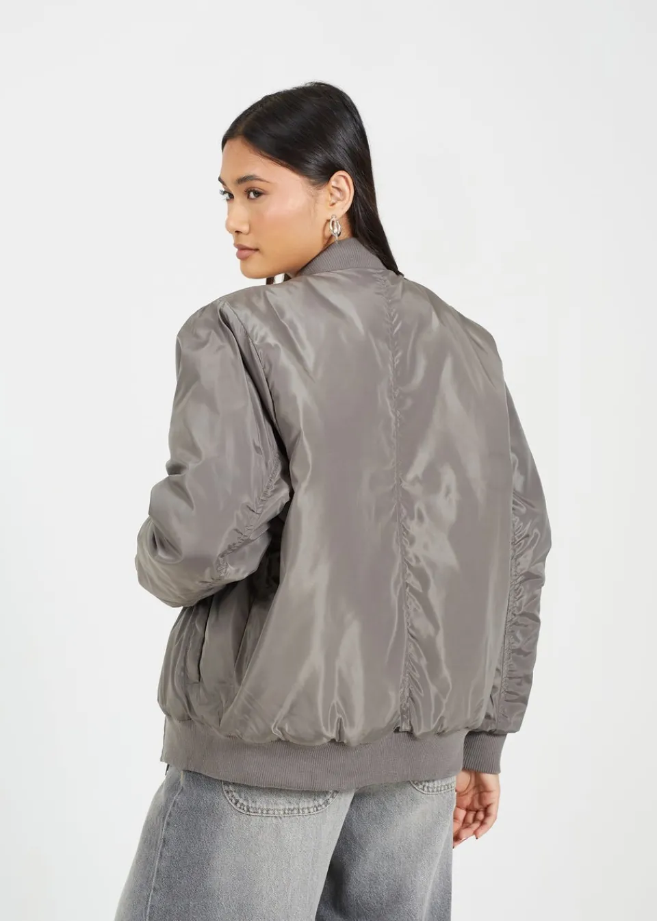 Coats & Jackets>Brave Soul Charcoal Ruched Sleeve Oversized Bomber Jacket