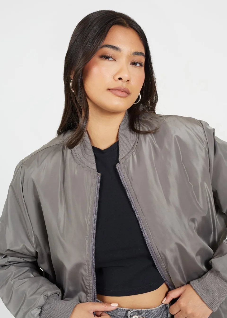 Coats & Jackets>Brave Soul Charcoal Ruched Sleeve Oversized Bomber Jacket