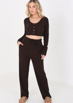 Co-Ord Sets>Brave Soul Cropped Long Sleeve & Wide Leg Lounge Set Chocolate